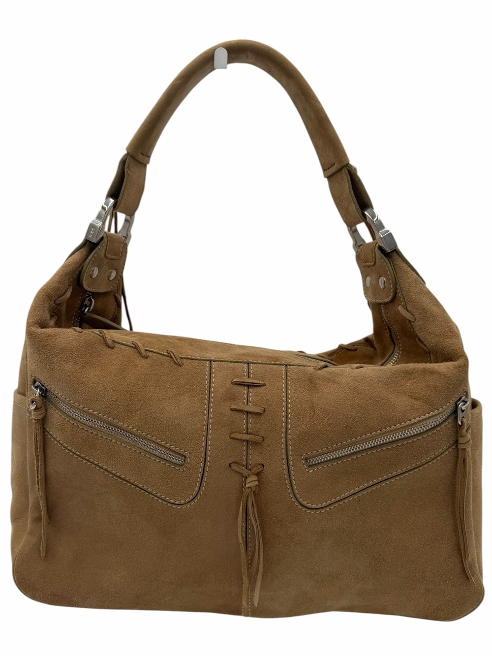 Tod’s Vintage Suede Lace-Up Hobo Shoulder Bag Tan Brown Y2K Italy